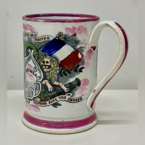 1850s Vtg Antique Crimean War Sunderland Pink Pearl Transfer Lustreware Frog Mug - Picture 3 of 16